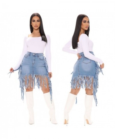 Women Denim Skirts Solid High Waist Zipper Tassel Ripped Strechy Mini Skirt Sexy Fashion Streetwear Summer Clothing 2023 $43....