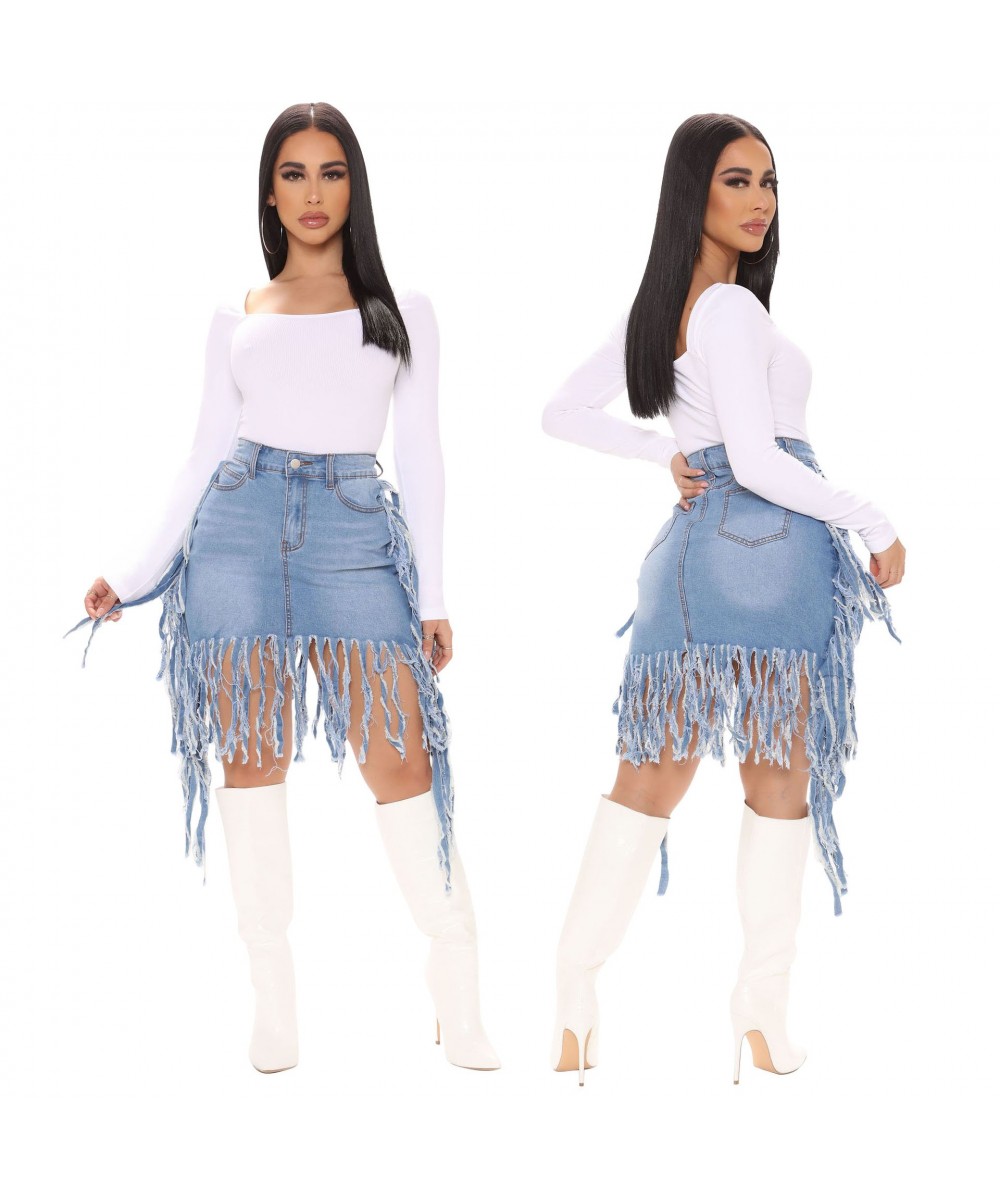 Women Denim Skirts Solid High Waist Zipper Tassel Ripped Strechy Mini Skirt Sexy Fashion Streetwear Summer Clothing 2023 $43....