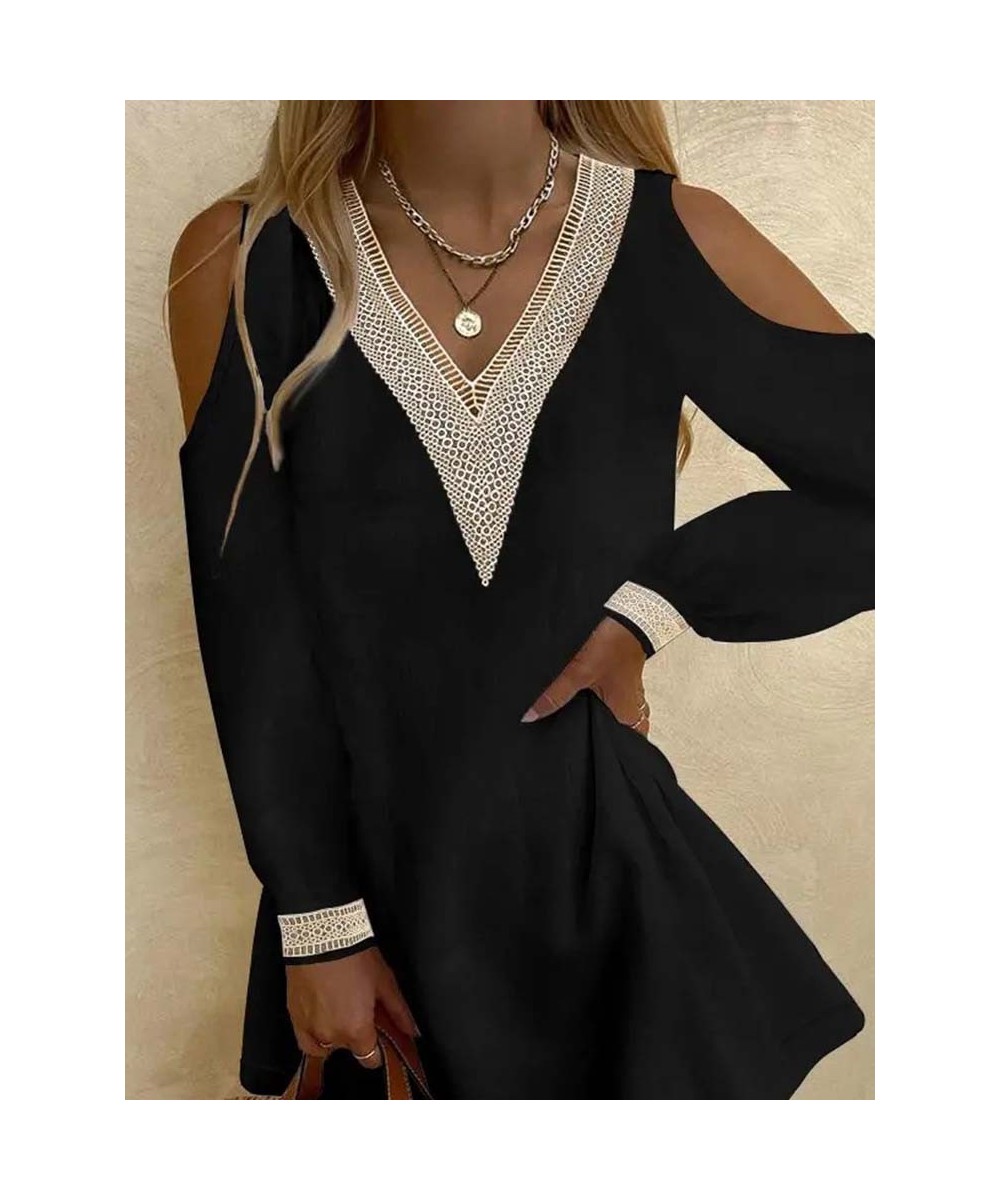 2023 Spring Elegant Women's Mini Dress Sexy Off Shoulder V-neck Long Sleeve Lace Patchwork Loose Cotton White Dress Office $3...