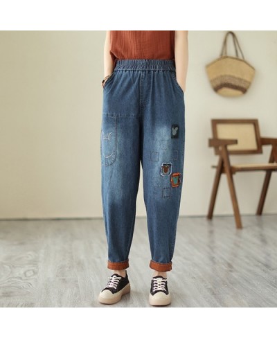 Fashion Cartoon Patch Jeans Women's 2023 Spring and Summer Thin Elastic Waist Loose All-Match Casual Cropped Harem Pants $61....