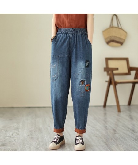 Fashion Cartoon Patch Jeans Women's 2023 Spring and Summer Thin Elastic Waist Loose All-Match Casual Cropped Harem Pants $61....