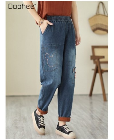 Fashion Cartoon Patch Jeans Women's 2023 Spring and Summer Thin Elastic Waist Loose All-Match Casual Cropped Harem Pants $61....