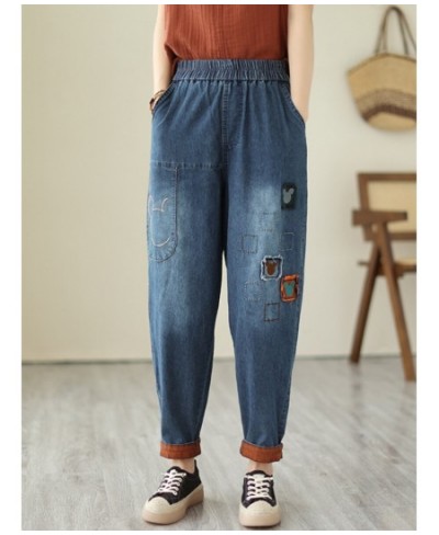 Fashion Cartoon Patch Jeans Women's 2023 Spring and Summer Thin Elastic Waist Loose All-Match Casual Cropped Harem Pants $61....