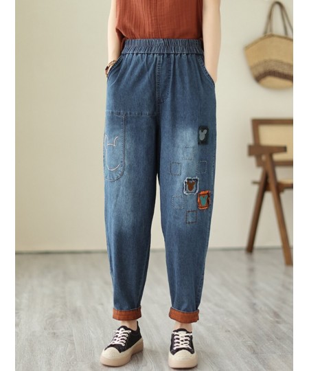 Fashion Cartoon Patch Jeans Women's 2023 Spring and Summer Thin Elastic Waist Loose All-Match Casual Cropped Harem Pants $61....