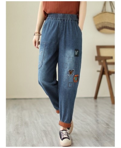 Fashion Cartoon Patch Jeans Women's 2023 Spring and Summer Thin Elastic Waist Loose All-Match Casual Cropped Harem Pants $61....