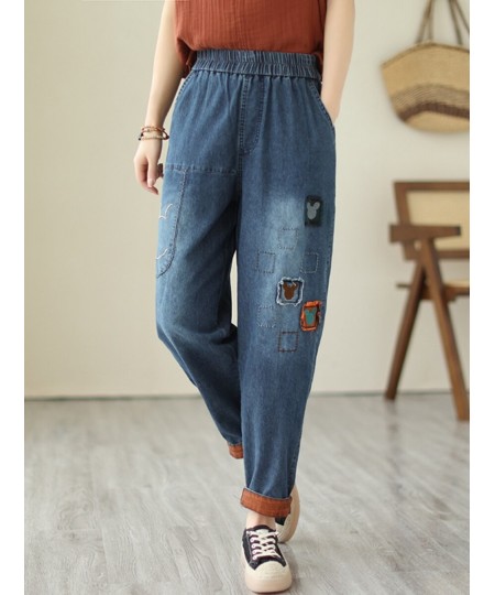 Fashion Cartoon Patch Jeans Women's 2023 Spring and Summer Thin Elastic Waist Loose All-Match Casual Cropped Harem Pants $61....