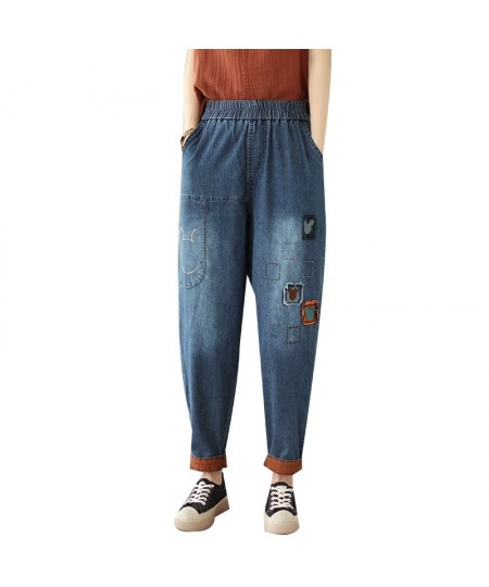 Fashion Cartoon Patch Jeans Women's 2023 Spring and Summer Thin Elastic Waist Loose All-Match Casual Cropped Harem Pants $61....