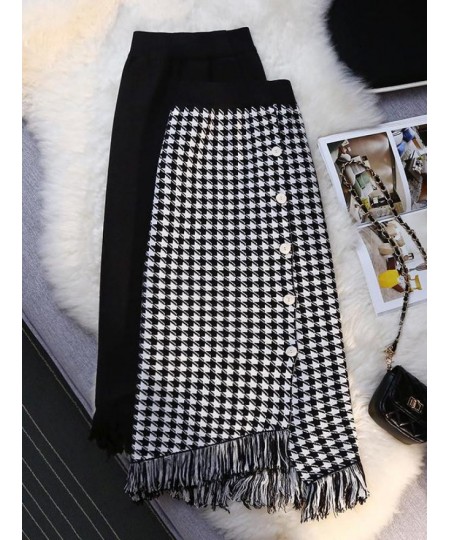 Knitted Skirt For Women Autumn Winter 2022 New Black High Waist Thousand Bird Lattice Tassel Retro A-line Skirts Elegant $45....