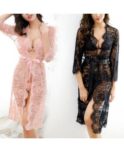 Women's Sexy Underwear Lace Nightgown Long-sleeved Home Robe Bra Panties Suit Sleepwear Plus Size Pajamas for Female 3piece S...