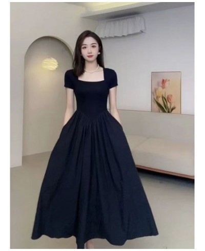 Women's Clothing 2023 Square Neck Short Sleeve Female Dress Elegant Spring Black Vestido Casual Midi Dress Robe Tunic Frocks ...