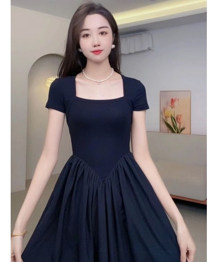 Women's Clothing 2023 Square Neck Short Sleeve Female Dress Elegant Spring Black Vestido Casual Midi Dress Robe Tunic Frocks ...