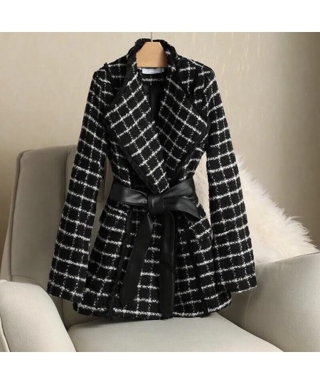 Women's Autumn Winter Woolen Blended Coat 2023 New Fashion Plaid Tweed Coat Elegant Women's Clothing Blazers Female Outerwear...