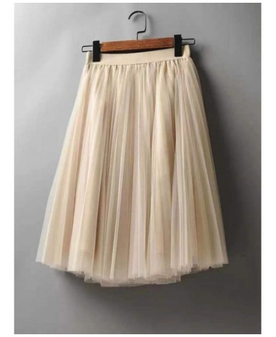 Women's Tulle Plain Pleated Skirt 2023 New Fashion Black Beige White Pink Grey Mesh Midi Skirt High Waist Woman Skirts 3 Laye...