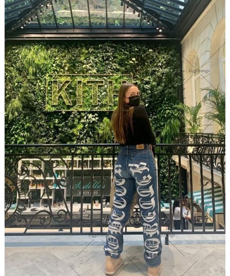 Fashion printed letters high waist jeans women's Y2K street hip-hop retro loose all-match button straight wide-leg pants men ...