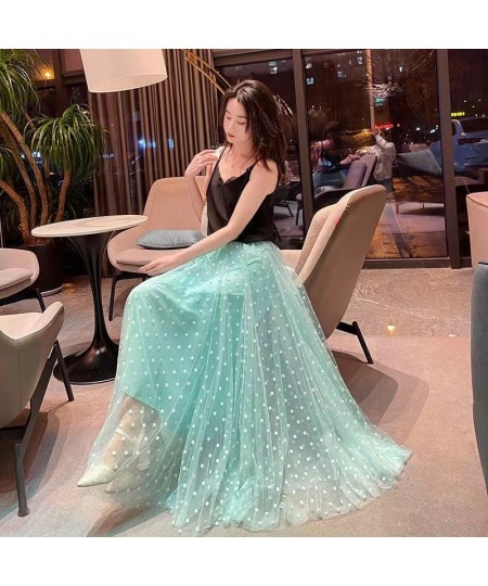 Polka Dot Mesh Long Maxi Summer Skirt Women Fashion 2022 White Green Black Purple High Waist Tulle Skirts Female $49.76 - Skirts