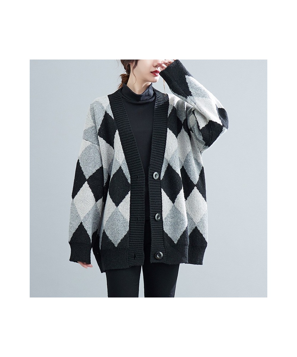 160Kg Oversized Women's Bust 170 Autumn Loose V-neck Long Sleeve Plaid Sweater Cardigan Black-White 7XL 8XL 9XL 10XL 11XL $92...