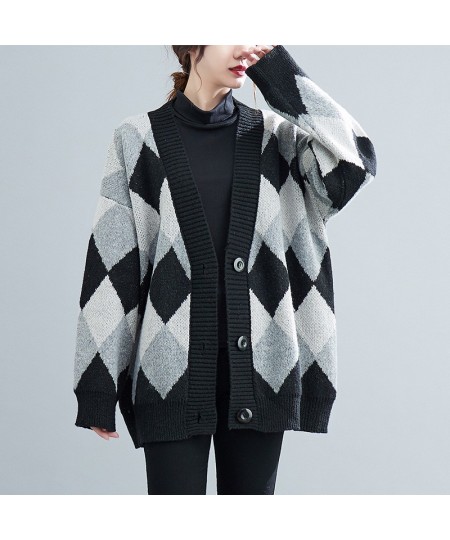 160Kg Oversized Women's Bust 170 Autumn Loose V-neck Long Sleeve Plaid Sweater Cardigan Black-White 7XL 8XL 9XL 10XL 11XL $92...