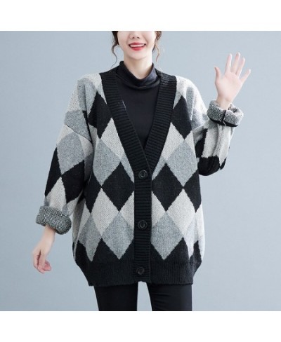 160Kg Oversized Women's Bust 170 Autumn Loose V-neck Long Sleeve Plaid Sweater Cardigan Black-White 7XL 8XL 9XL 10XL 11XL $92...