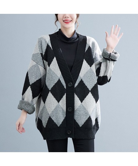 160Kg Oversized Women's Bust 170 Autumn Loose V-neck Long Sleeve Plaid Sweater Cardigan Black-White 7XL 8XL 9XL 10XL 11XL $92...