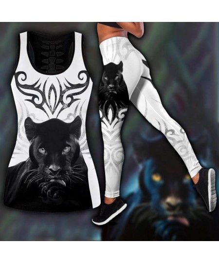 New Summer Women Fashion Black Panther Tattoo Printed Casual Sport Yoga Suit Stretch Leggings and Hollow Out Tank Top $25.18 ...