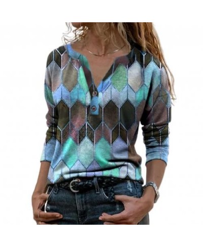 Women Retro Geometric Print Buttons Blouse Female Shirt Vintage Blouse Loose Street Shirts Pullover V Neck Long Sleeve T-shir...