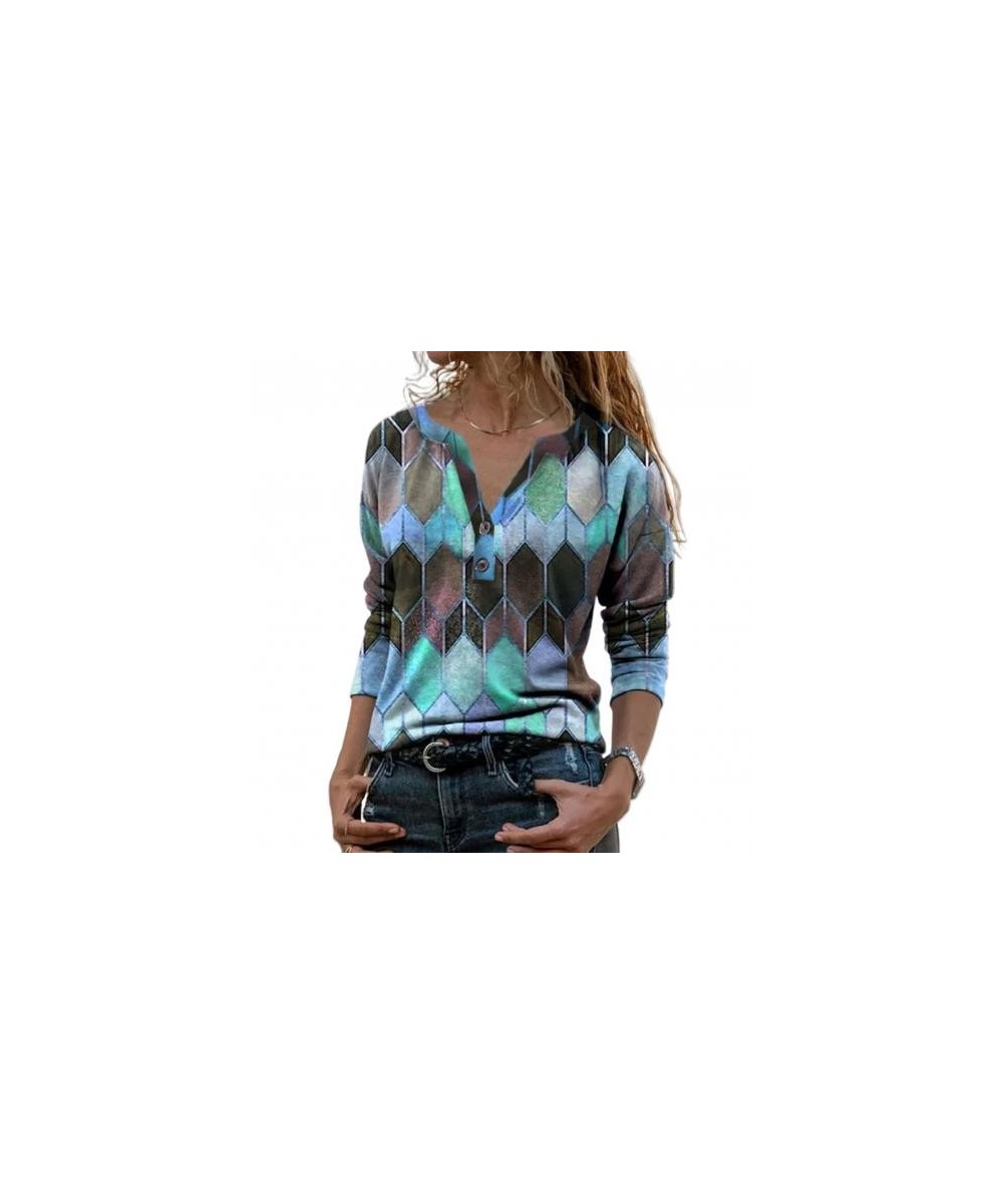 Women Retro Geometric Print Buttons Blouse Female Shirt Vintage Blouse Loose Street Shirts Pullover V Neck Long Sleeve T-shir...