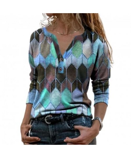 Women Retro Geometric Print Buttons Blouse Female Shirt Vintage Blouse Loose Street Shirts Pullover V Neck Long Sleeve T-shir...