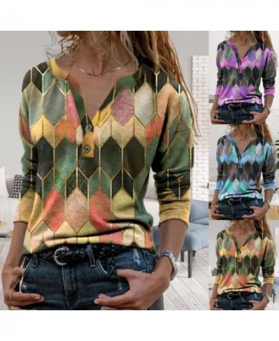 Women Retro Geometric Print Buttons Blouse Female Shirt Vintage Blouse Loose Street Shirts Pullover V Neck Long Sleeve T-shir...