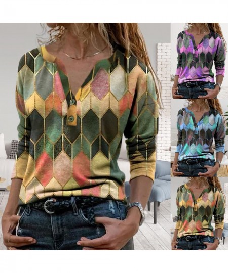 Women Retro Geometric Print Buttons Blouse Female Shirt Vintage Blouse Loose Street Shirts Pullover V Neck Long Sleeve T-shir...