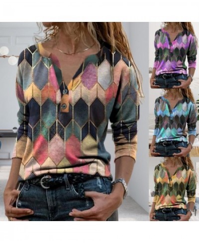 Women Retro Geometric Print Buttons Blouse Female Shirt Vintage Blouse Loose Street Shirts Pullover V Neck Long Sleeve T-shir...