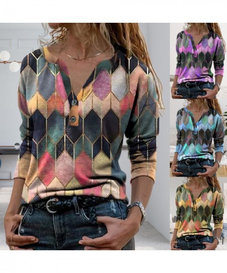 Women Retro Geometric Print Buttons Blouse Female Shirt Vintage Blouse Loose Street Shirts Pullover V Neck Long Sleeve T-shir...