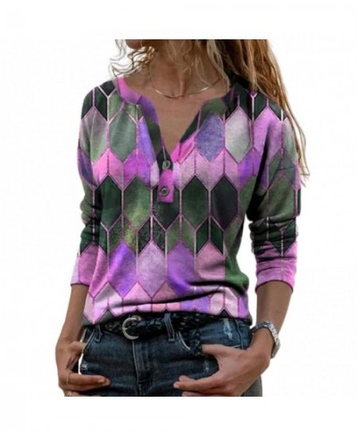 Women Retro Geometric Print Buttons Blouse Female Shirt Vintage Blouse Loose Street Shirts Pullover V Neck Long Sleeve T-shir...