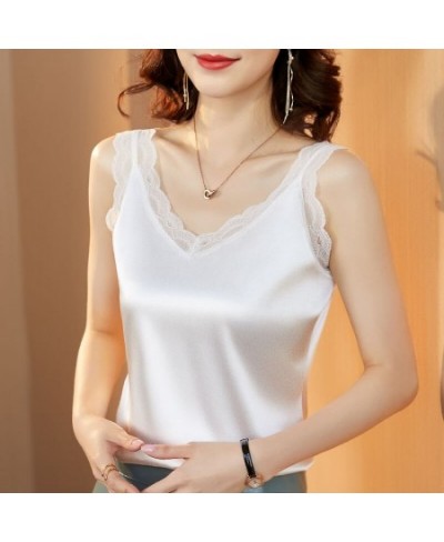 2023 Summer Lace Camisole Women's Spaghetti Strap Tank Top Slim Elegant Solid Silk Satin Shirt Sleeveless Top Women Camis $32...