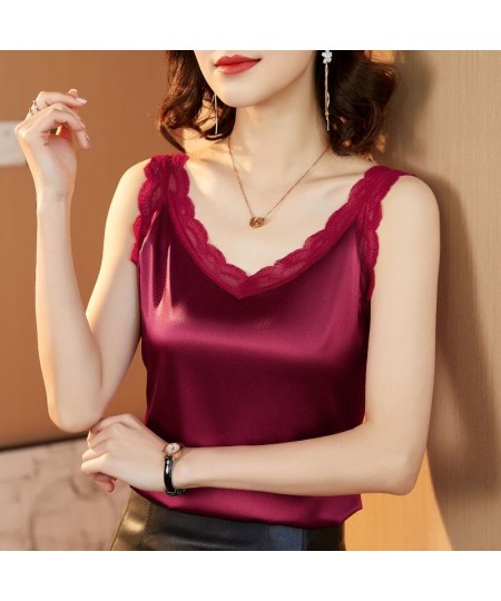 2023 Summer Lace Camisole Women's Spaghetti Strap Tank Top Slim Elegant Solid Silk Satin Shirt Sleeveless Top Women Camis $32...