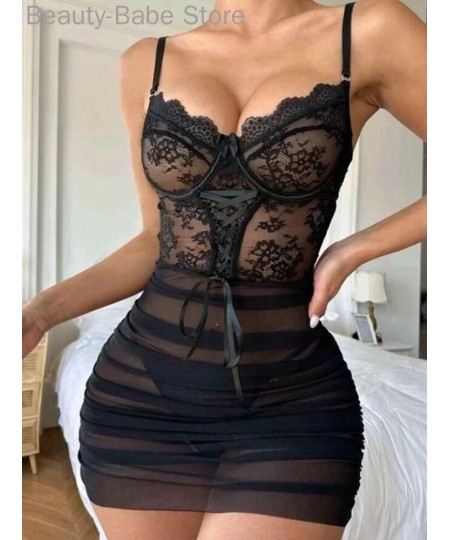 Women Sexy Contrast Lace Sheer Mesh Ruched Babydoll With Thong $29.38 - Sleepwears