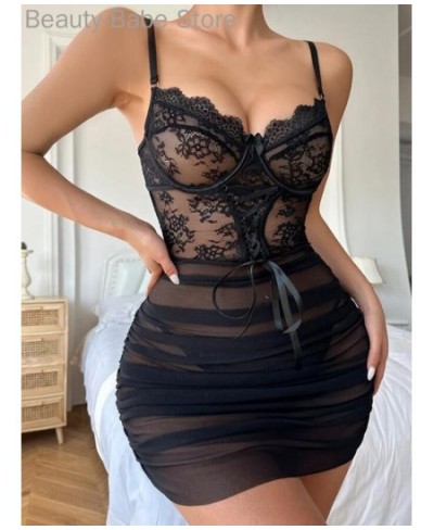 Women Sexy Contrast Lace Sheer Mesh Ruched Babydoll With Thong $29.38 - Sleepwears