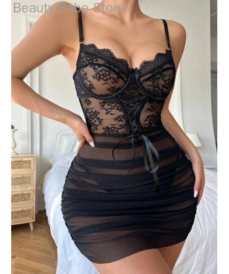 Women Sexy Contrast Lace Sheer Mesh Ruched Babydoll With Thong $29.38 - Sleepwears