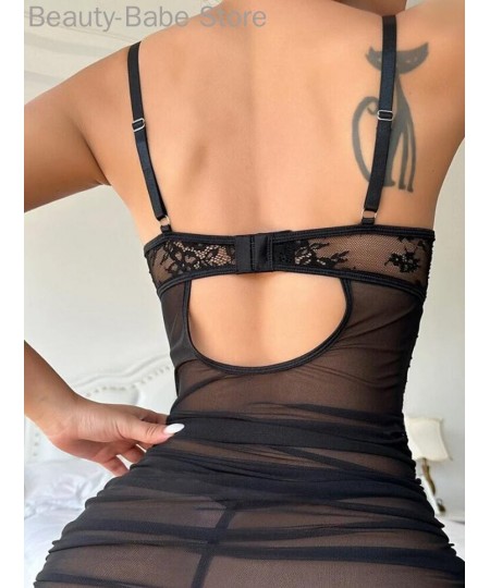 Women Sexy Contrast Lace Sheer Mesh Ruched Babydoll With Thong $29.38 - Sleepwears