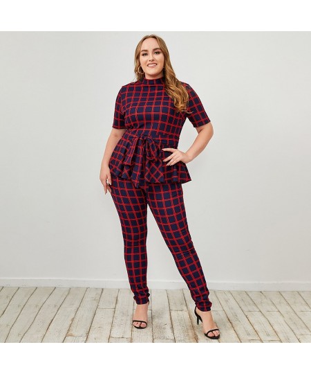 plus size summer outfits women clothing red plaid two piece sets tights Women tunic pencil pants summer outfits for women 4xl...