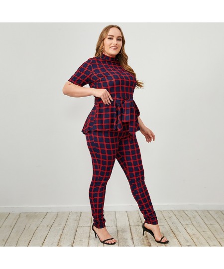 plus size summer outfits women clothing red plaid two piece sets tights Women tunic pencil pants summer outfits for women 4xl...