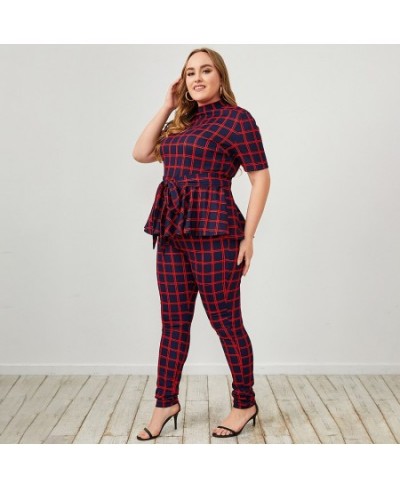 plus size summer outfits women clothing red plaid two piece sets tights Women tunic pencil pants summer outfits for women 4xl...