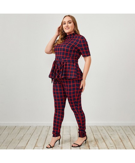 plus size summer outfits women clothing red plaid two piece sets tights Women tunic pencil pants summer outfits for women 4xl...