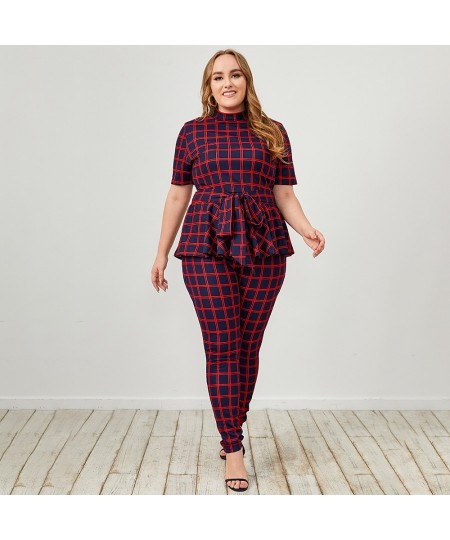 plus size summer outfits women clothing red plaid two piece sets tights Women tunic pencil pants summer outfits for women 4xl...