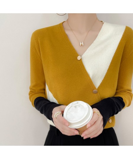 Spring And Autumn New Color-Blocking Wool Sweater Women's V-Neck Fake Cardigan Slim Fashion Knitted Thin Section $47.29 - Swe...