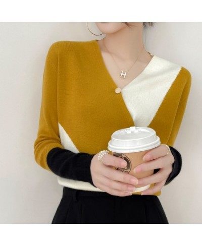 Spring And Autumn New Color-Blocking Wool Sweater Women's V-Neck Fake Cardigan Slim Fashion Knitted Thin Section $47.29 - Swe...