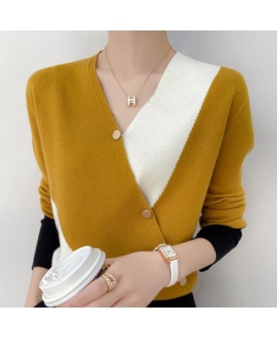 Spring And Autumn New Color-Blocking Wool Sweater Women's V-Neck Fake Cardigan Slim Fashion Knitted Thin Section $47.29 - Swe...