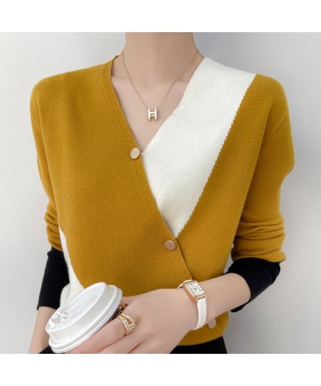 Spring And Autumn New Color-Blocking Wool Sweater Women's V-Neck Fake Cardigan Slim Fashion Knitted Thin Section $47.29 - Swe...