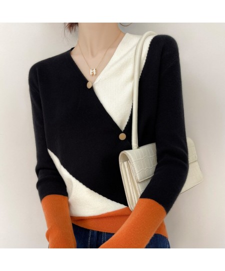 Spring And Autumn New Color-Blocking Wool Sweater Women's V-Neck Fake Cardigan Slim Fashion Knitted Thin Section $47.29 - Swe...