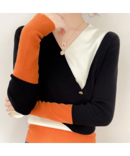 Spring And Autumn New Color-Blocking Wool Sweater Women's V-Neck Fake Cardigan Slim Fashion Knitted Thin Section $47.29 - Swe...