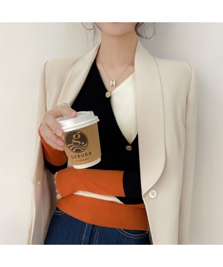 Spring And Autumn New Color-Blocking Wool Sweater Women's V-Neck Fake Cardigan Slim Fashion Knitted Thin Section $47.29 - Swe...